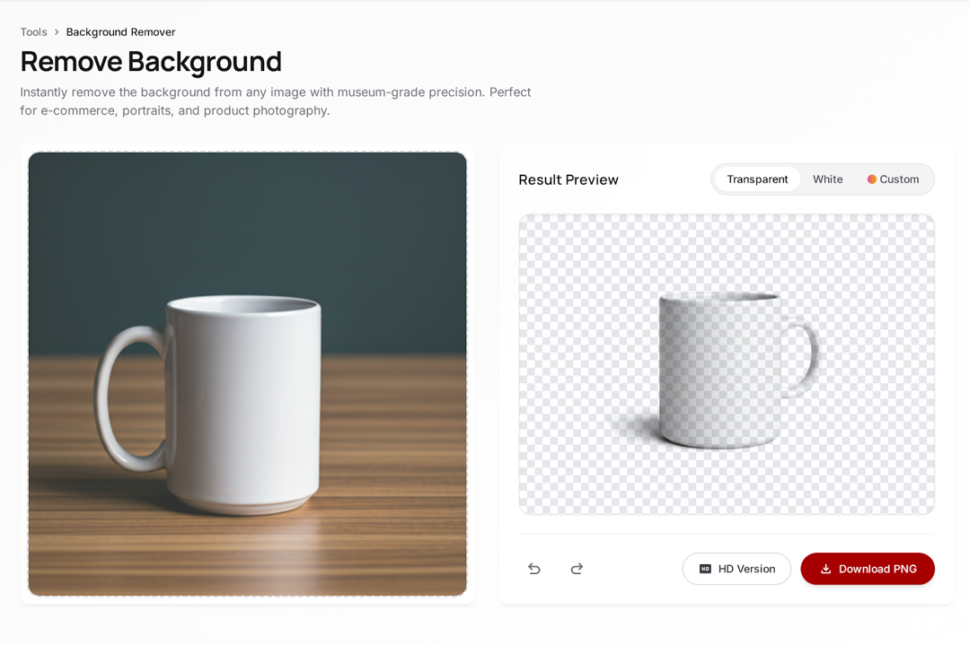 Colourise AI background removal tool interface with product photo and transparent background preview