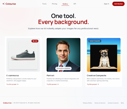 Colourise background removal use cases gallery showing e-commerce, portrait, and creative composite examples