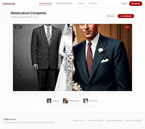 Side-by-side before/after comparison of a 1950s family wedding photo colorized with Colourise